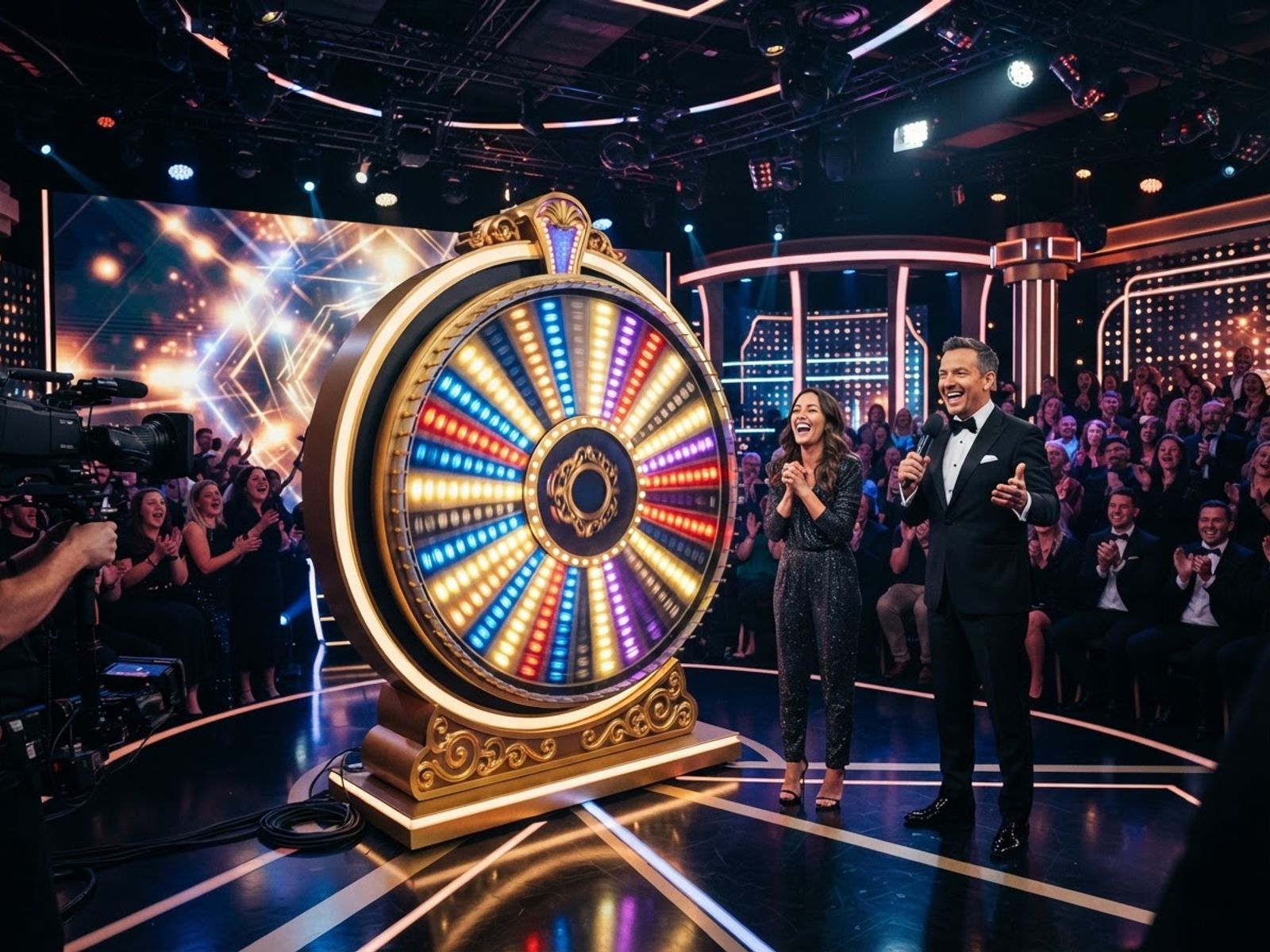 Élő game show stúdió forgó kerékkel kaszinó fényekkel