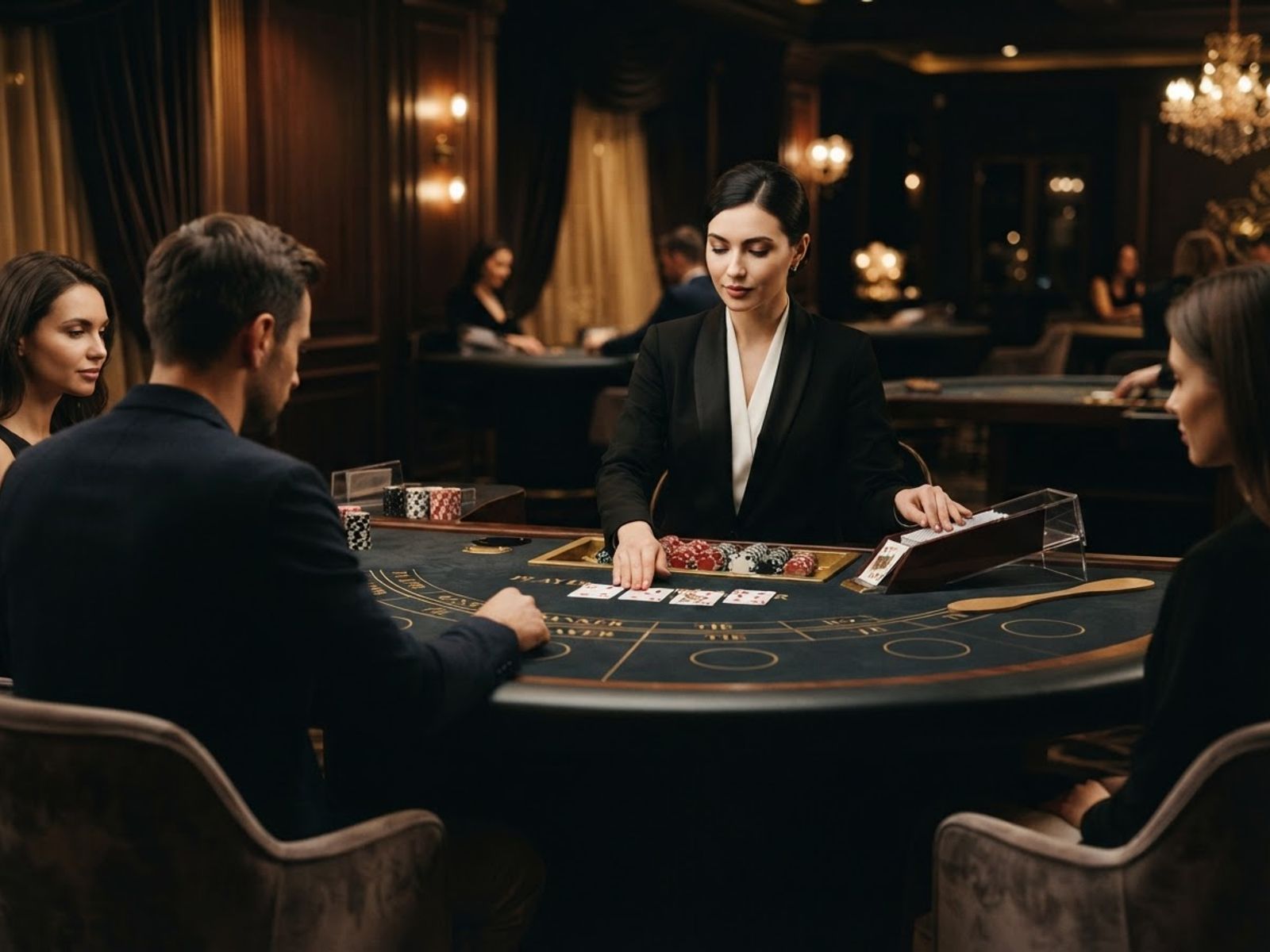 Élő baccarat asztal zsetonokkal sötét háttérrel